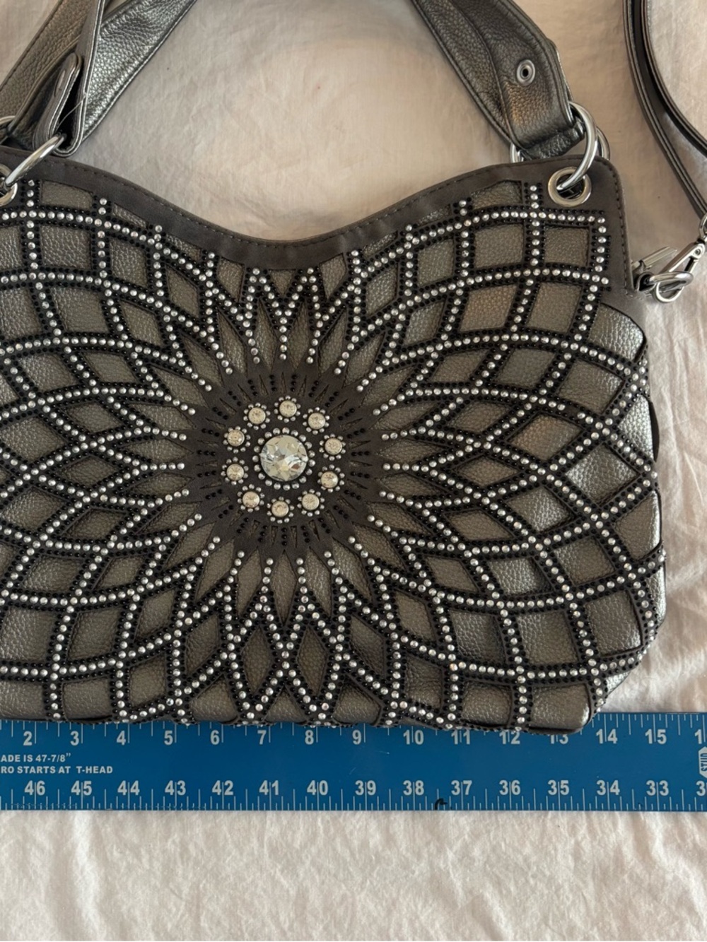 Studded Mandala Crossbody Bag Grey Boho Western Festival Rhinestone Statement - Picture 4 of 9